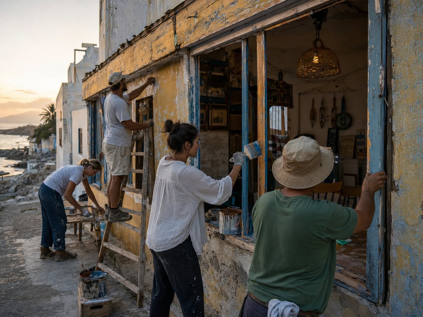People restoring a coastal storefront together
